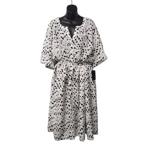 Ryan Wythe 5X Black White Abstract Print Shirt Dress Tie Waist Button Front NWT